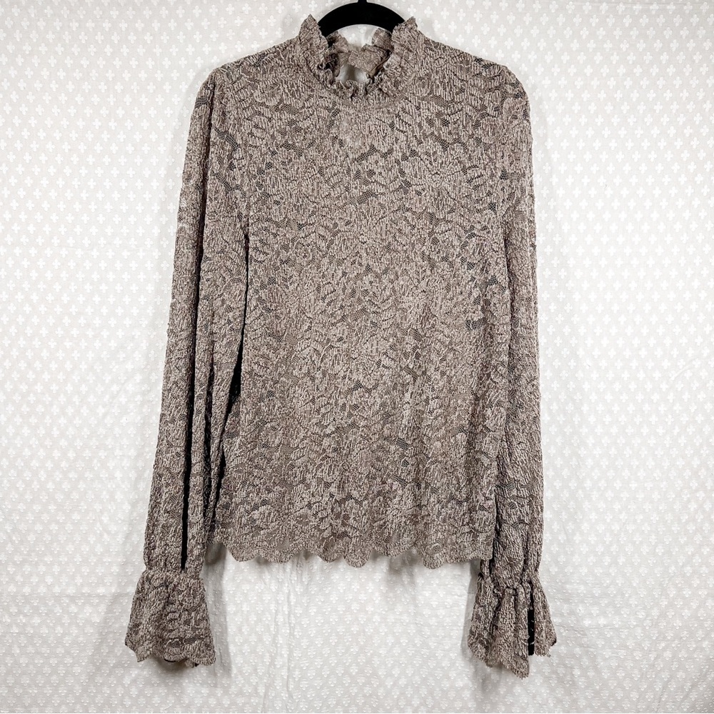 Anthropologie Eri + Ali Women Top Sz L Brown Floral Eyelet Velvet Mock Neck